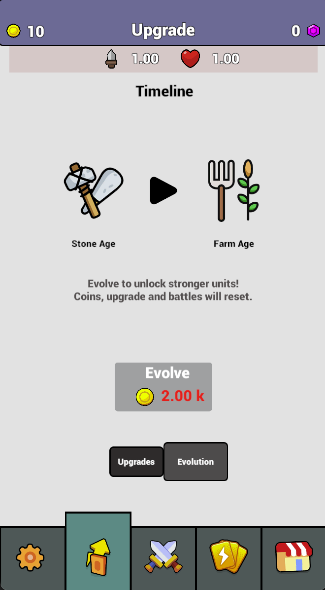 The Evolution panel offers Stone Age to Farm Age progression for 2.00k coins in this capture. Its warning states that coins, upgrades and battles reset when you evolve.