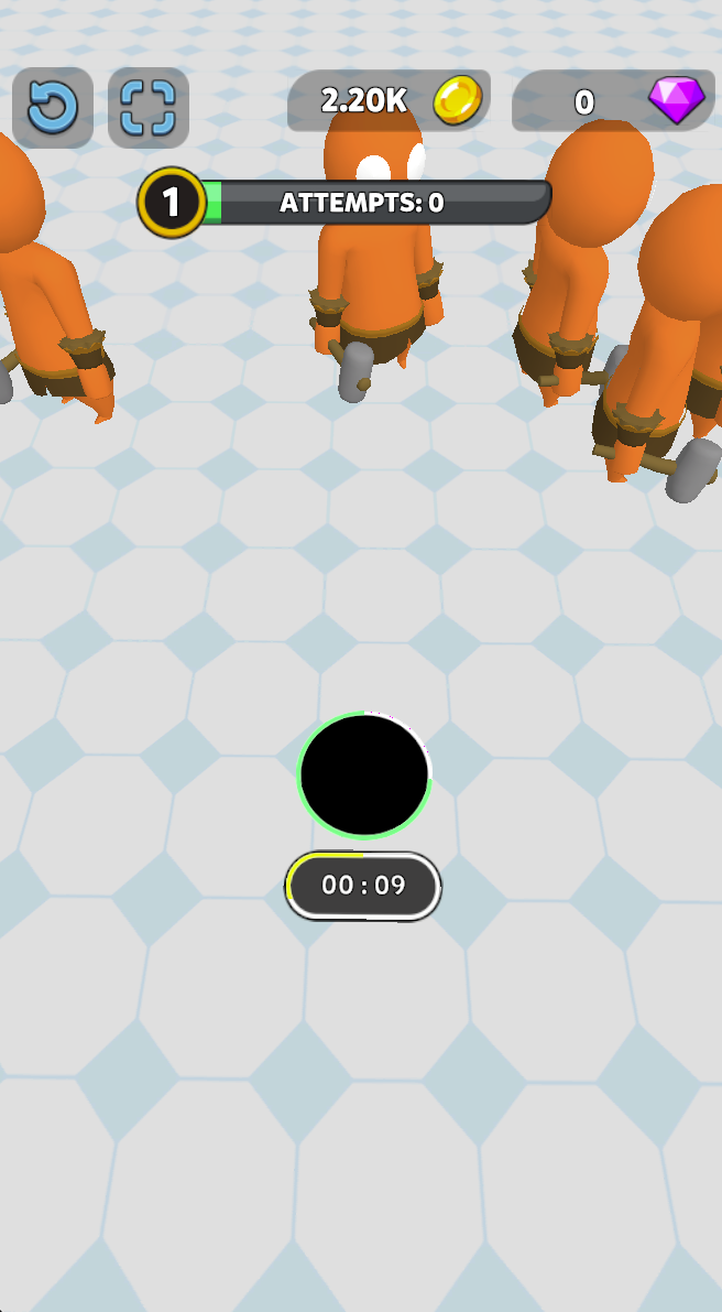 Move the hole toward nearby collectable characters while watching the countdown. With nine seconds left, favor reachable groups rather than crossing empty ground.