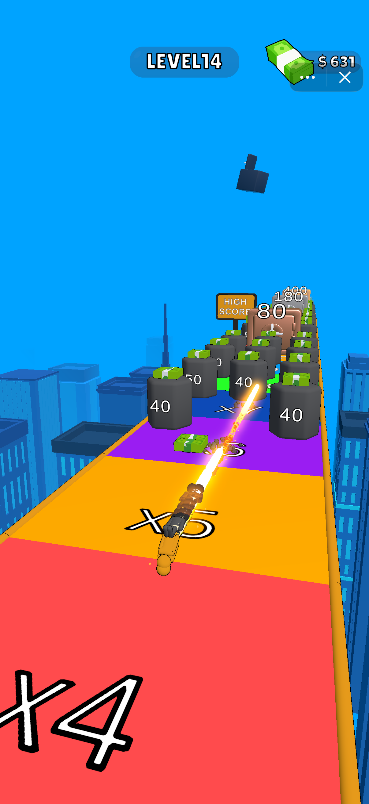 The finish stretch has colored multiplier zones and rows of numbered targets with cash above them. Keep aiming through a clear lane to push farther along the reward track.