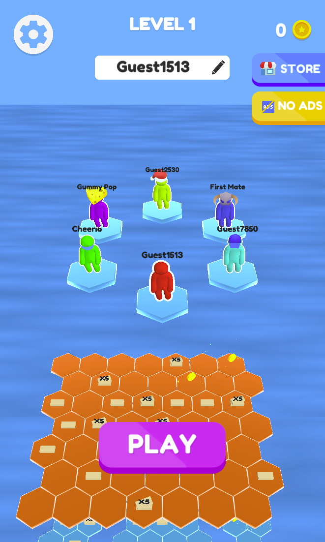The Level 1 lobby shows your character and other competitors above a layered hexagonal arena. Select Play to enter the round.