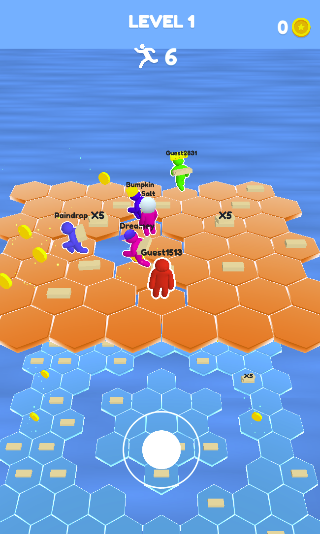 Use the on-screen joystick to steer across the hexagonal platforms. Watch gaps and the layers below; the captured round shows six characters remaining.