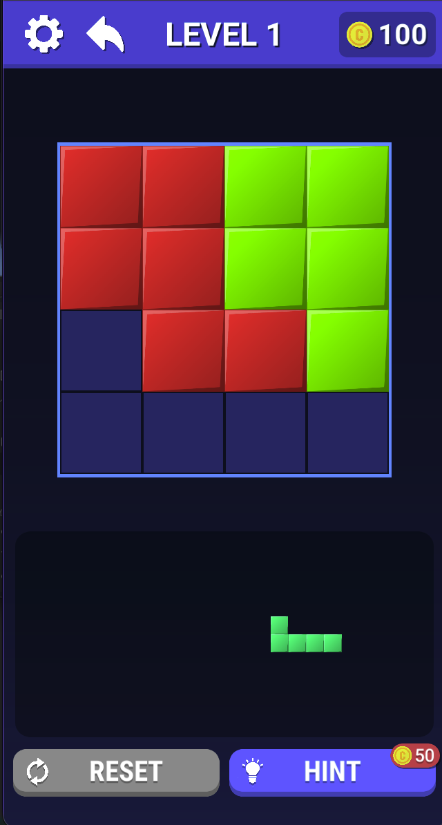 Level 1 shows two placed pieces and one remaining L-shaped piece on a 4 × 4 square board. Compare the remaining outline with the empty cells before placing it.