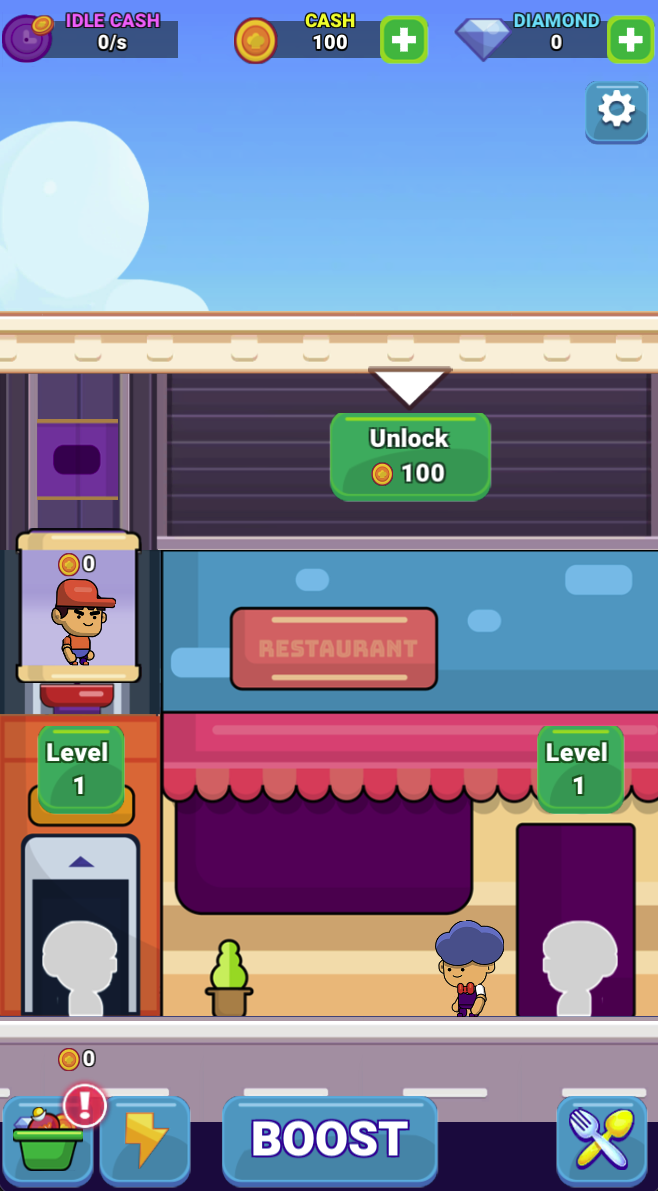 Start by checking the unlock cost against your cash. The unopened floor in this screen costs 100 cash.