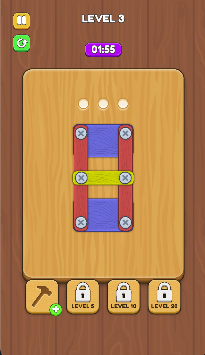 Level 3 shows overlapping boards, six screws and three open holes, with 01:55 on the timer. Plan which screw to relocate and preserve an accessible destination hole.