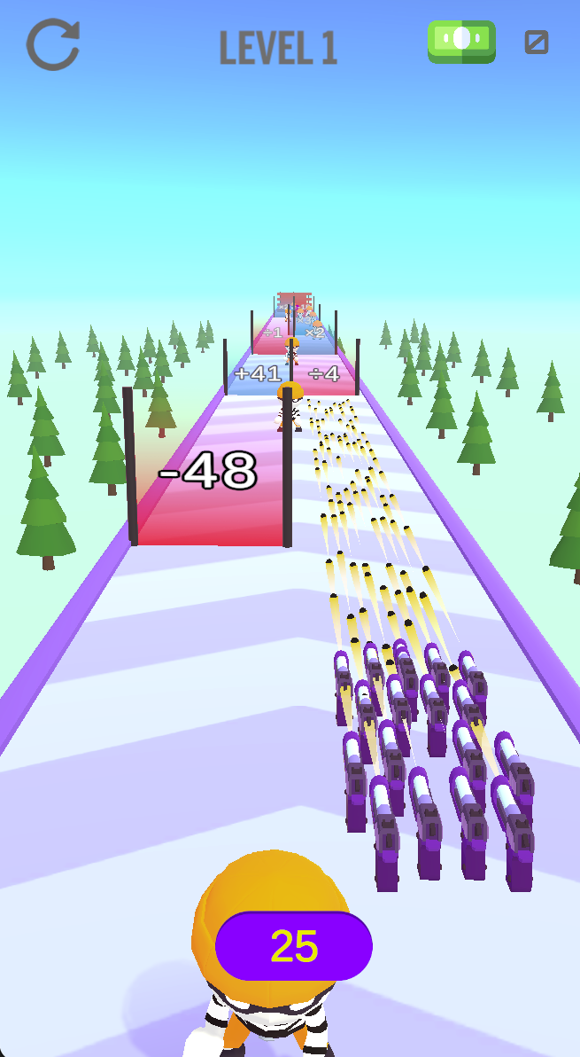Keep an eye on loss gates such as −48. Choose your lane early while your weapons fire at targets ahead.